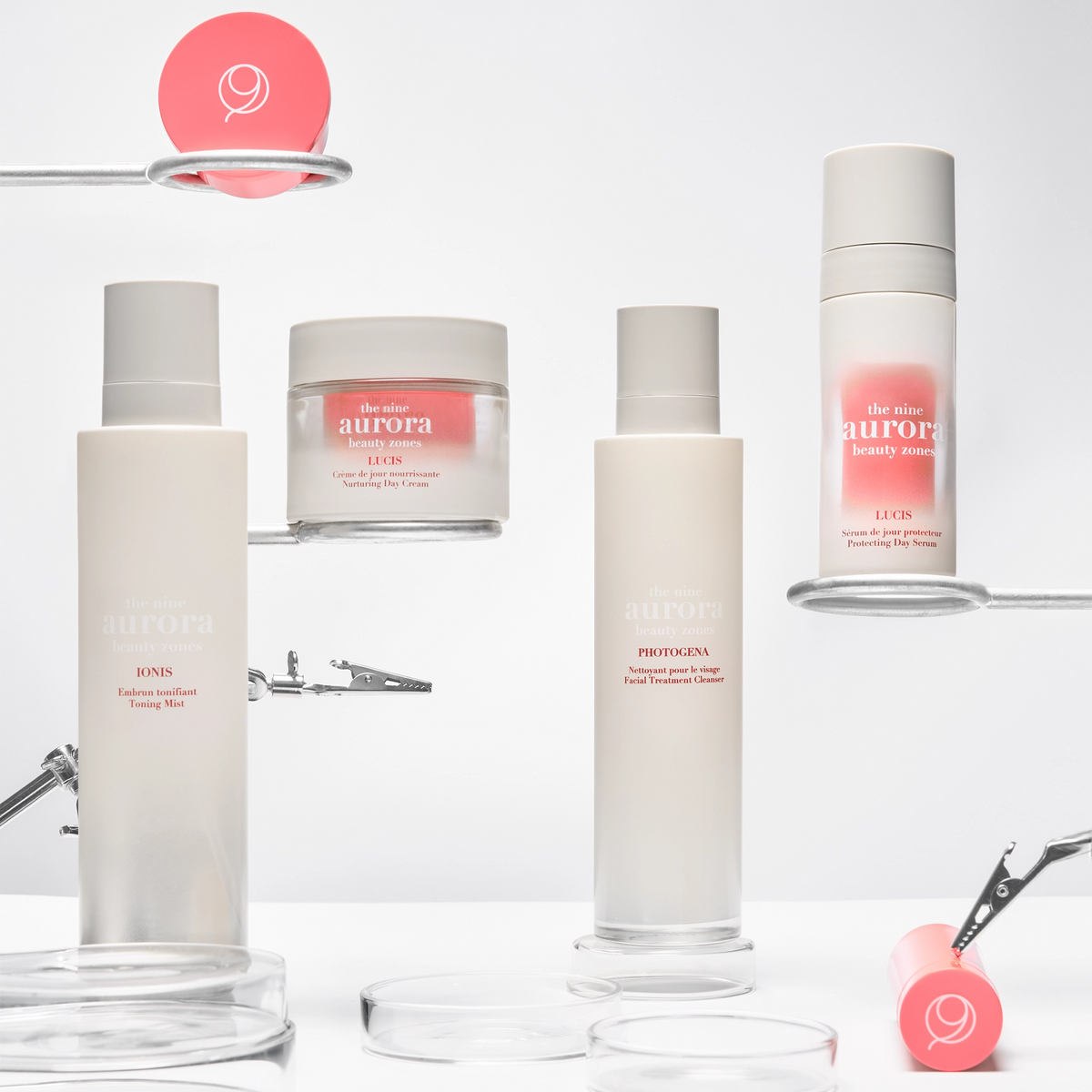 The Nine Aurora Day Ritual set — day products group shot, original photoshoot