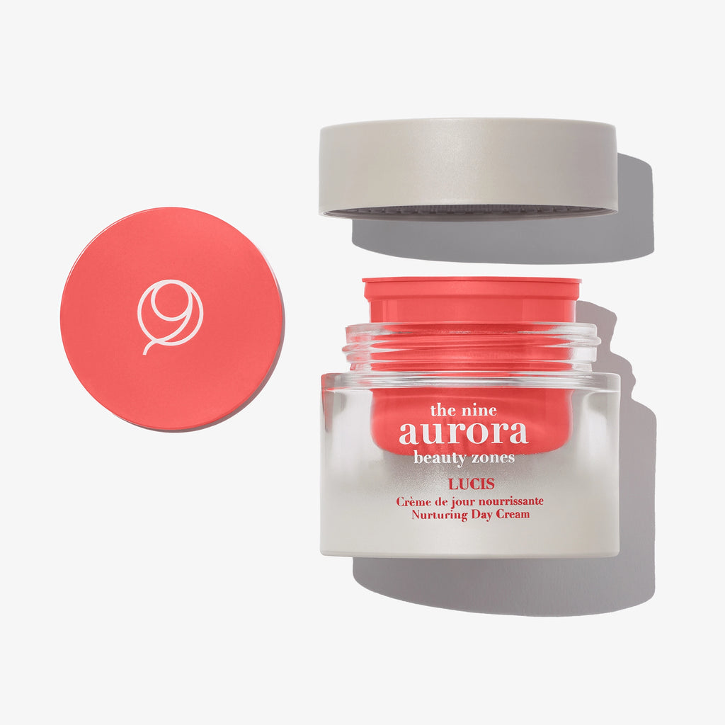 The Nine Aurora Lucis Nurturing Day Cream — open jar product shot, original photoshoot