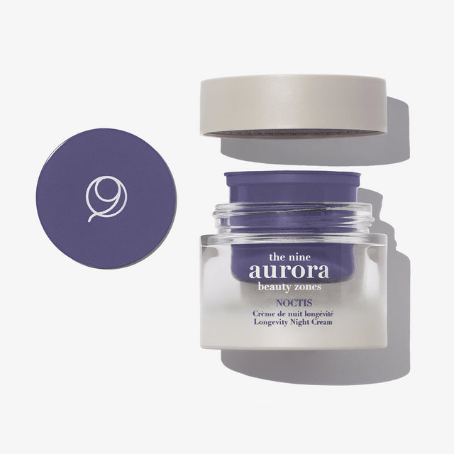 The Nine Aurora Noctis Longevity Night Cream — open jar product shot, original photoshoot