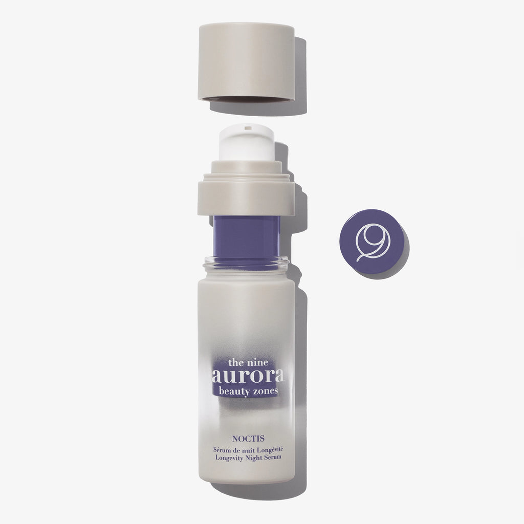 Noctis Longevity Night Serum open bottle with pump — The Nine Aurora