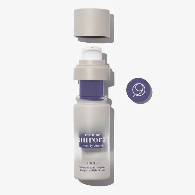 Noctis Longevity Night Serum open bottle with pump — The Nine Aurora