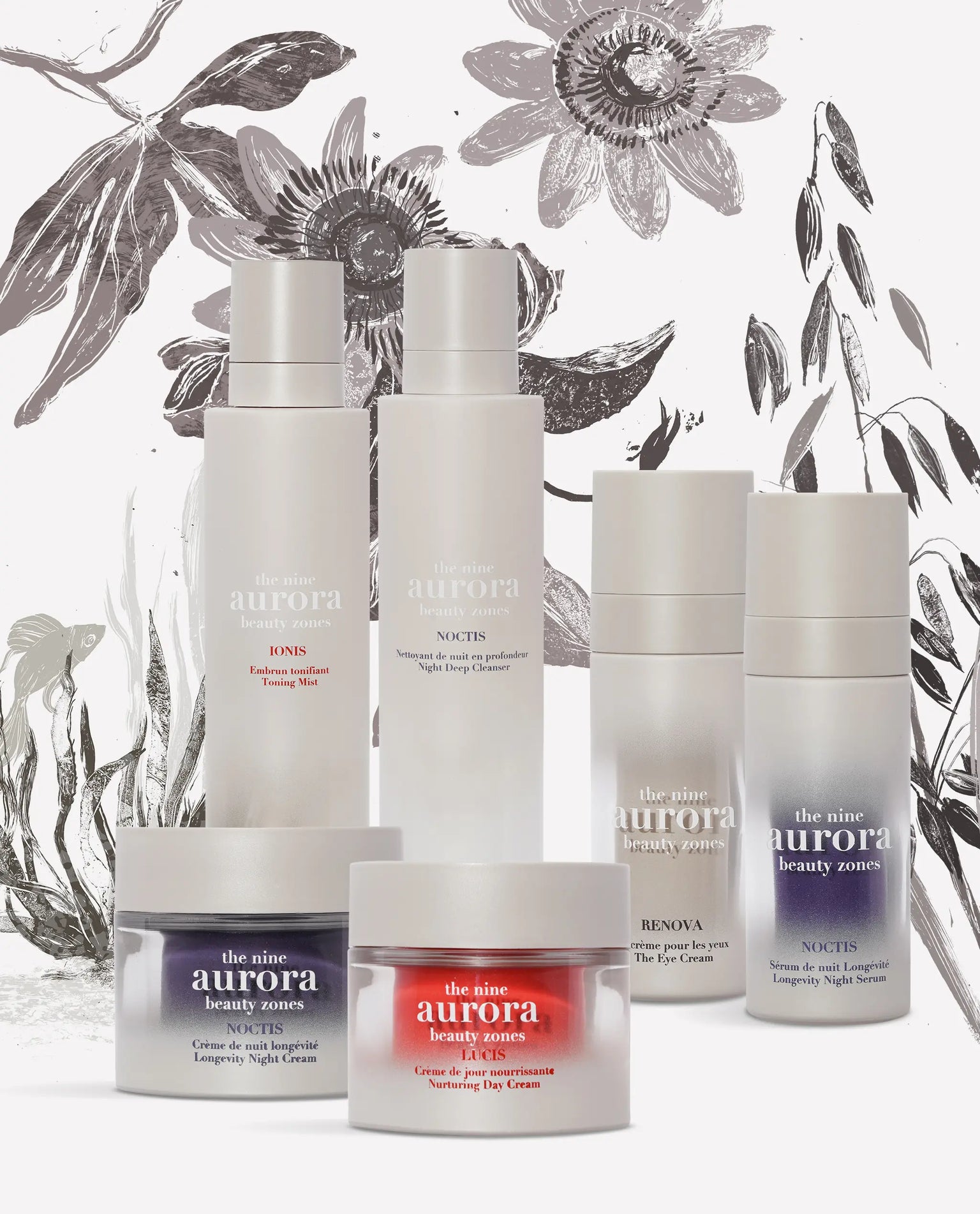 The Nine Aurora skincare collection — group shot of several products, original photoshoot
