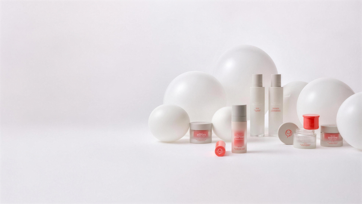 The Nine Aurora Day Ritual — complete morning skincare set with cleanser, toning mist, day serum and day cream, with clean space on the left for the page title.
