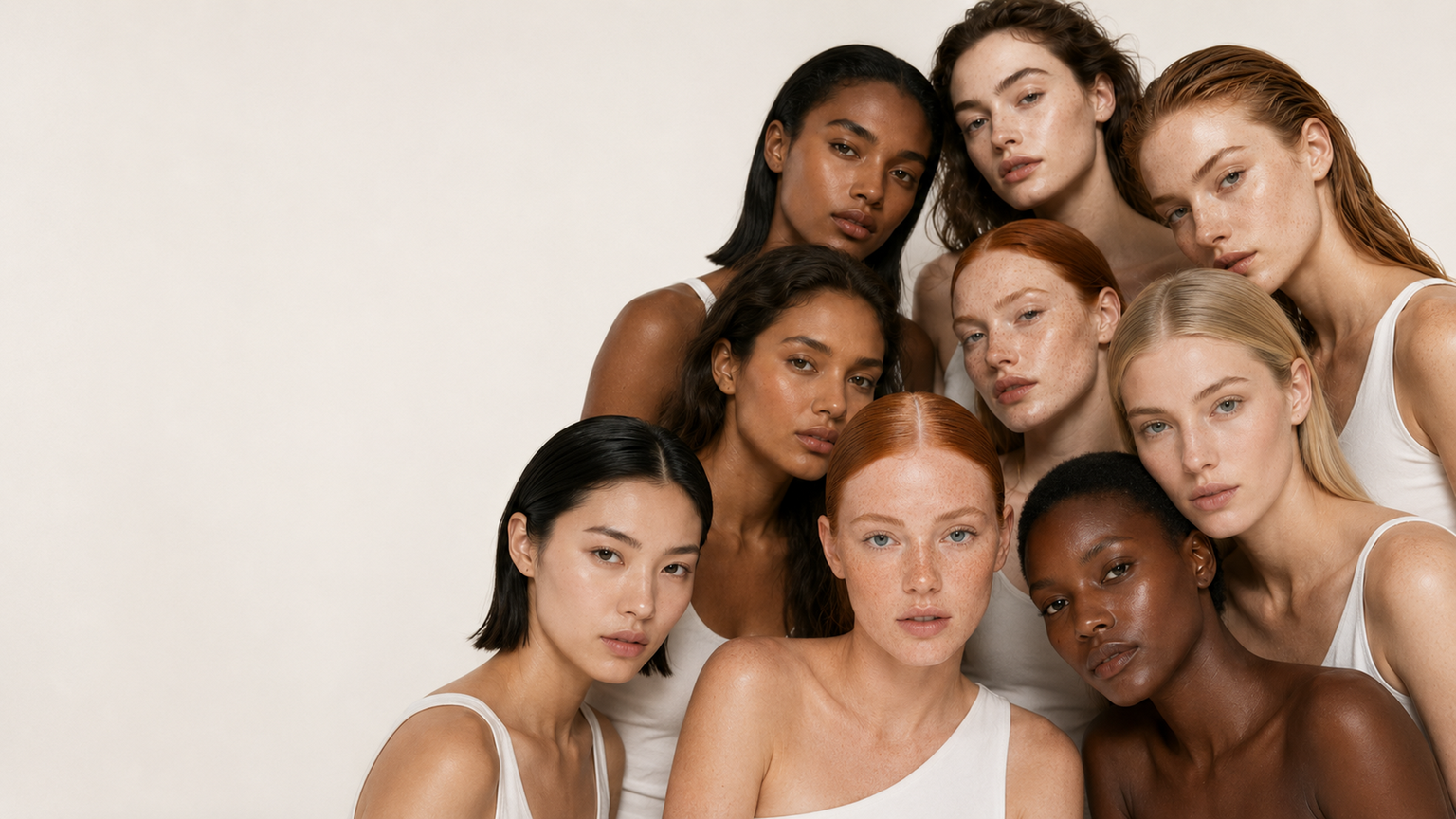 The Nine Aurora nine global beauty-zone models with Cindy front and center, natural skin texture, desktop homepage banner