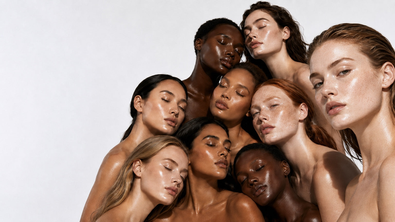 Nine women representing The Nine Aurora’s Skin Longevity Zones in a luminous desktop skincare portrait.