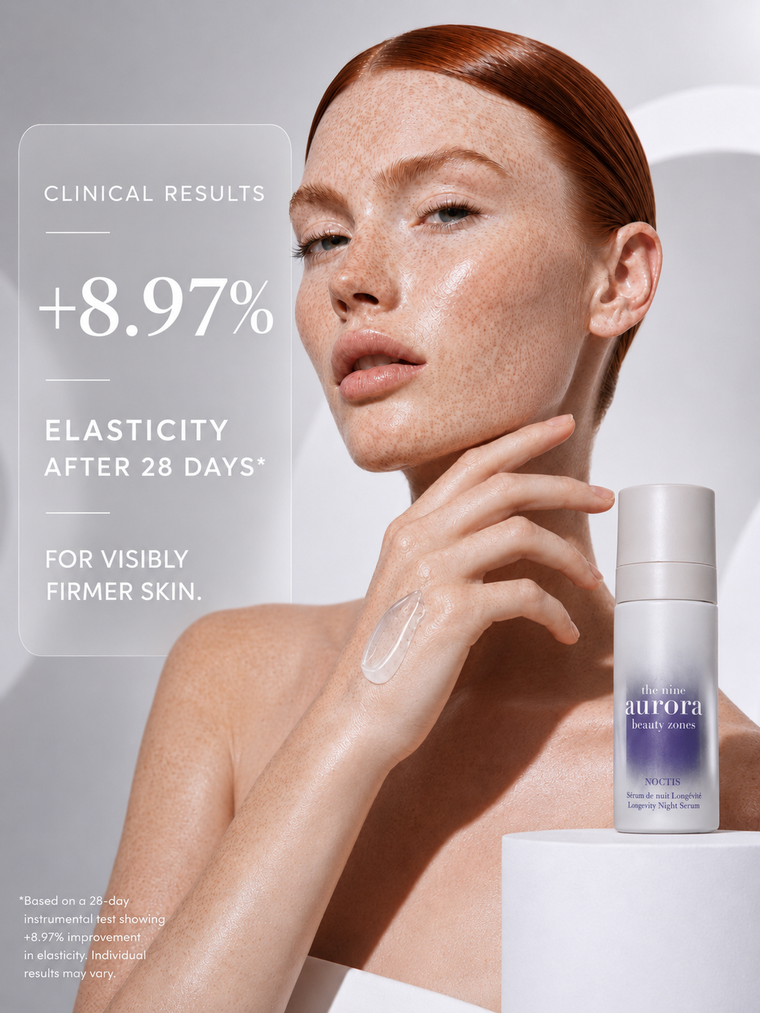 The Nine Aurora Noctis Night Longevity Serum clinical results image featuring Cindy with luminous freckled skin and the benefit +8.97% elasticity after 28 days for visibly firmer-looking skin.