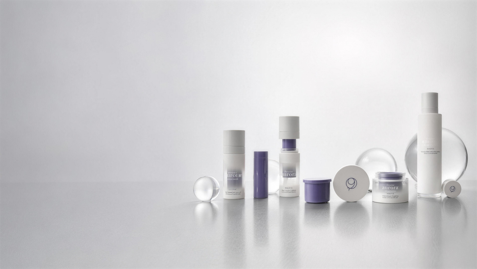 The Nine Aurora Night Ritual — complete Noctis nighttime skincare set with serums, creams, cleanser and refill pods, with clean space on the left for the page title.