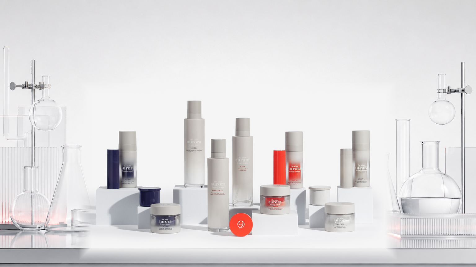 The Nine Aurora complete skin longevity collection displayed in a refined cosmetic laboratory — Shop All hero