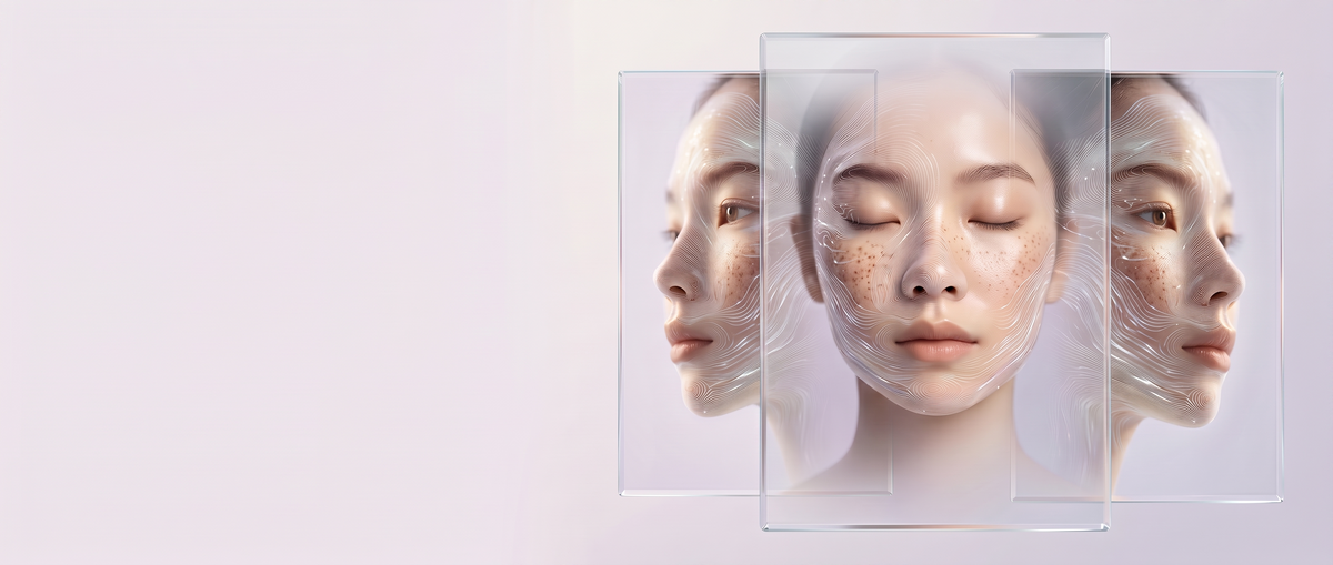 Editorial collage of a model with luminous AI contour lines in layered translucent panels on the right, clean pale space for text on the left — Skin AI hero